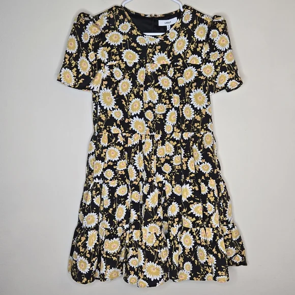 REVOLVE LIKELY Daisy Sunflower Floral Black and Yellow Puff Sleeve Women's  Dress